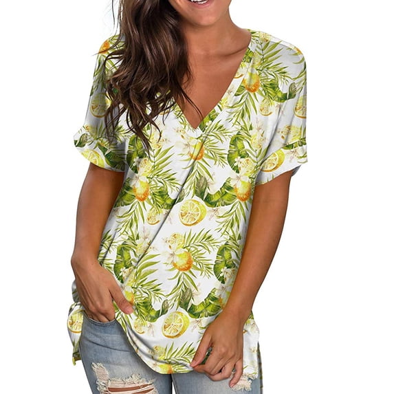 gakvbuo Summer Plus Size Summer Tops for Women Tops Dressy Casual Trendy V Neck T Shirts Rolled Short Sleeve Tie Dye Gradient Printed Side Split Blouse Tee