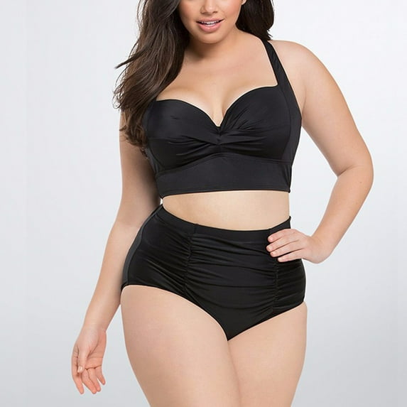 gakvbuo Summer Plus Size Swimsuit for Women 2 Piece Push Up Bikini Swimsuit Set Floral Print Halter Ruched High Waisted Bikini With Bottom Tummy Control Bathing Suits