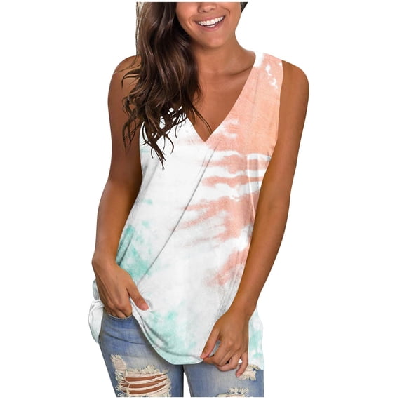 gakvbuo Summer Plus Size Tank Top for Women Summer Tops Dressy Casual Trendy V Neck T Shirts Rolled Sleeveness Tie Dye Gradient Printed Side Split Vest Blouse Tee