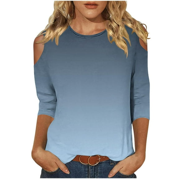 gakvbuo Petite Tops For Women Tops 3/4 Sleeve Pullover Shirts Cold shoulder Tunic Tops Crewneck Slim Fit Half Sleeve off shoulder Graphic Tshirts Gradient Blouse Tops