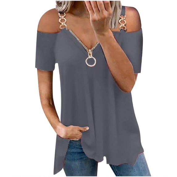 gakvbuo Summer Savings Clearance Cold Shoulder Tops For Women Plus Size Summer Tunic Top Short Sleeve Zip Up V Neck Hollow Ou T-Shirt Blouse Tee Top