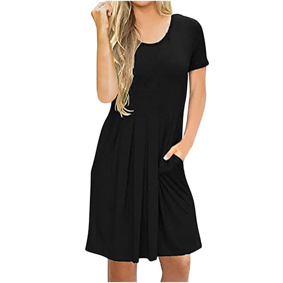 gakvbuo Summer Savings Clearance Summer Dresses For Women 2022 Plus Size Dress Short Sleeve Pleated Swing Dress With Pockets Casual Loose Knee Length Dresses
