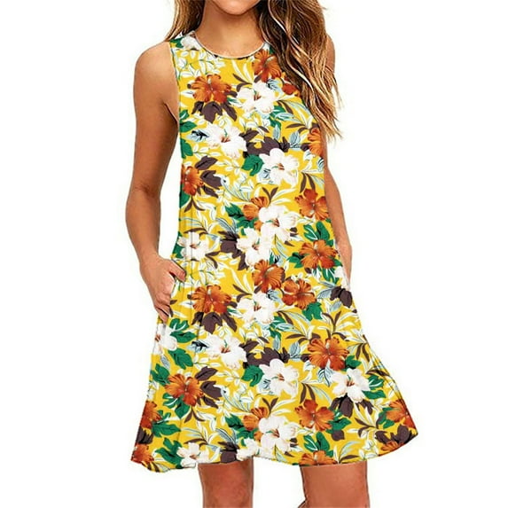 gakvbuo Summer Savings Clearance Summer Dresses For Women Crewneck Knee-Length A-Line Dresses Boho Floral Sundress Sleeveless Tshirt Dress Pockets Casual Loose Swing Tank Dress Beach Cover Up