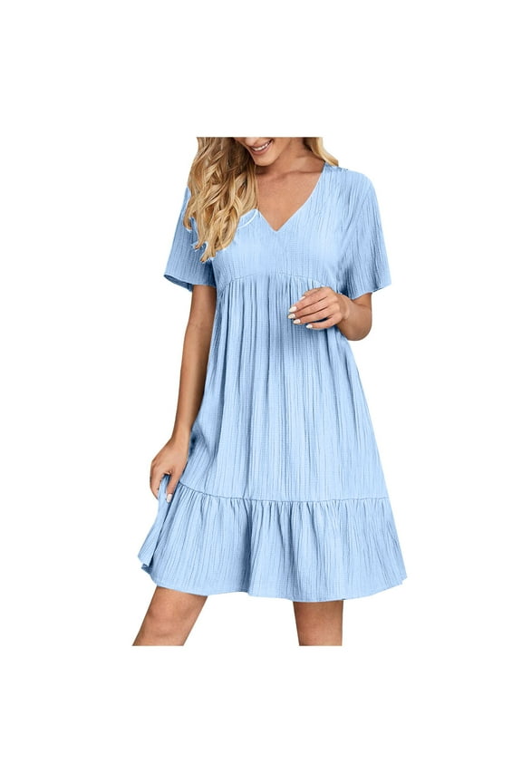 Summer Dresses For Women 2025 Vacation Short Sleeve Elegant Mini Dress High Waist Pleated Summer Casual Dresses Flowy V Neck Beach Dress Ruffle A Line Sun Dresses Women'S Novelty Dresses