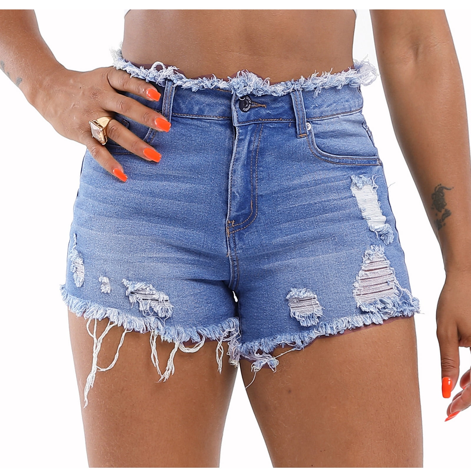 Women's Ripped Denim Shorts - High Waisted Jean Shorts With Raw Hem, Casual Button Fly Shorts