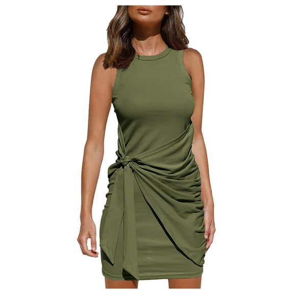 gakvbuo Summer Dresses for Women 2023 Summer Dresses Vacation Outfits for Women Casual Sleeveless Beach Tank Dress Bodycon Ruched Tie Waist Mini Dresses
