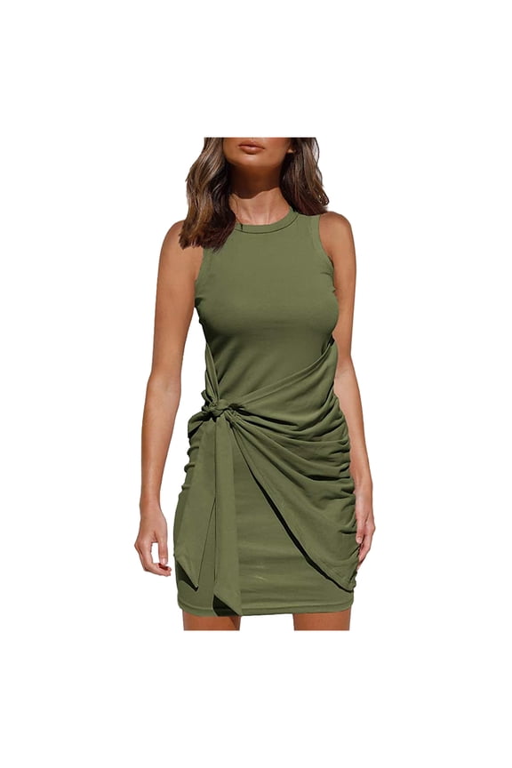 Summer Dresses for Women 2023 Summer Dresses Vacation Outfits for Women Casual Sleeveless Beach Tank Dress Bodycon Ruched Tie Waist Mini Dresses