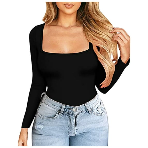 gakvbuo Summer Savings Square Neck Tops For Women Long Sleeve Shirts Tops Dressy Casual T Shirts Blouse Basic Tops Tees Going Out Tops For Women
