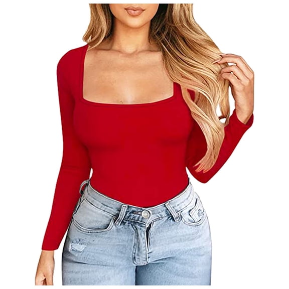 gakvbuo Summer Square Neck Tops for Women Long Sleeve Shirts Tops Dressy Casual T Shirts Blouse Basic Tops Tees Going Out Tops for Women
