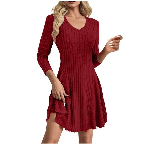 gakvbuo Bodydoll Knit Sweater Dress For Women Long Sleeve V-Neck Knee Length Ribbed Knit Midi Dress Pleated A-Line Dress Flowy Fall Tunic Dress