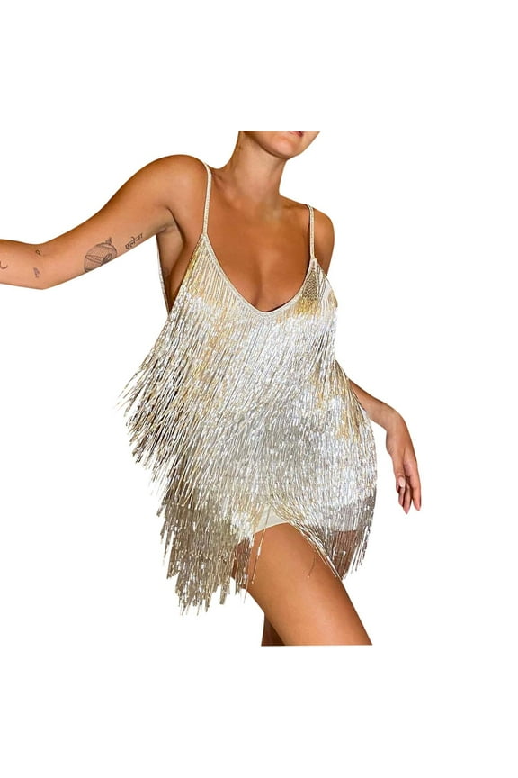 Summer Dresses for Women 2022 Plus Size Dress Dress Tassel Sleeveless Dress V-Neck Solid Color Short Skirt Fashion Party Evening Mini Sequin Dresses