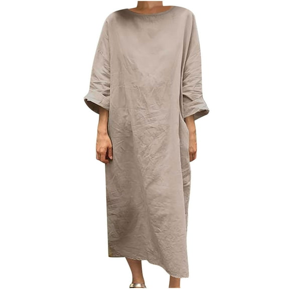 gakvbuo Summer Dresses for Women 2023 Plus Size Dress for Women Sundresses Women'S Cotton And Linen Crewneck Loose Short Sleeve Solid Mid-Claf Dress