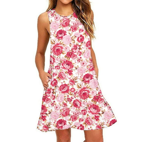 gakvbuo Summer Dresses for Women Crewneck Knee-Length A-Line Dresses Boho Floral Sundress Sleeveless Tshirt Dress Pockets Casual Loose Swing Tank Dress Beach Cover Up