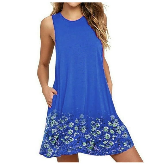 gakvbuo Summer Summer Dresses for Women Plus Size Dress Beach Cover Up Plain Pleated Floral Tshirt Sundress Sleeveless Pockets Casual Loose Tank Dress