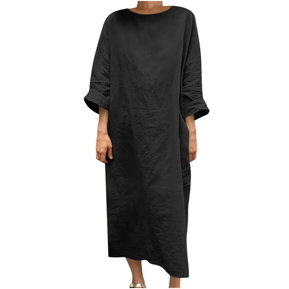 gakvbuo Summer Summer Dresses for Women Plus Size Dress for Women Sundresses Women'S Cotton And Linen Crewneck Loose Short Sleeve Solid Mid-Claf Dress