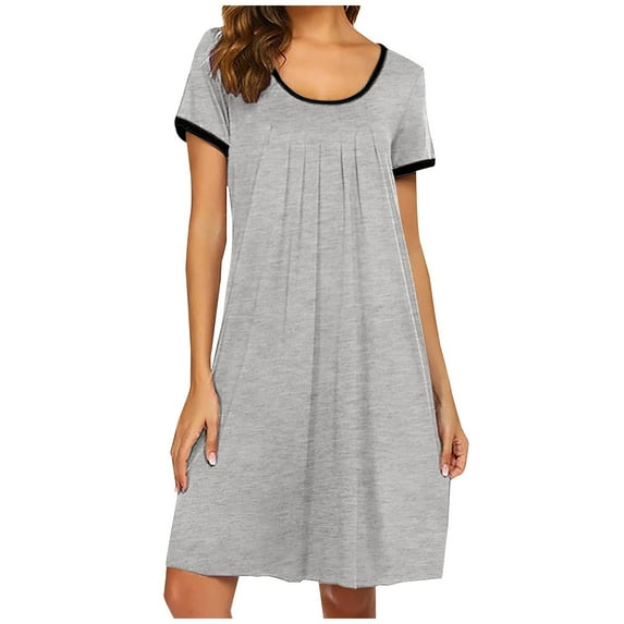 gakvbuo Summer T-Shirts Dresses For Women 2024 Nightgowns House Dress Pleated Front Knee Length Loose Fit Short Sleeve Sleepwear Comfy Sleepshirts Pleated Scoopneck Nightshir