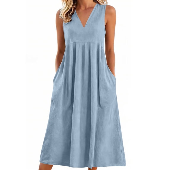 gakvbuo Summer Tank Dress For Women Maxi Dress Sundress Linen Dress Women Casual V-Neck Pockets Dress Solid Sleeveless Dress