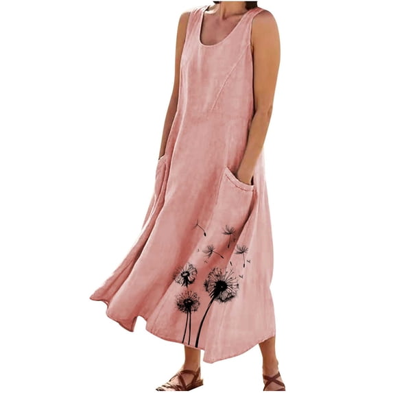 gakvbuo Summer Tank Dress For Women Maxi Dress Sundress Linen Dress Women's Summer Casual Solid Color Sleeveless Round Neck Pocket Dress Skirt