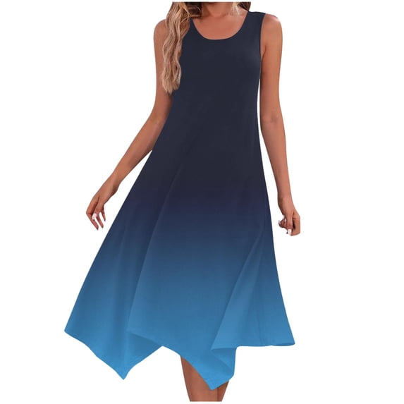 gakvbuo Summer Tank Dress For Women Maxi Dress Sundress Women's Gradient Dress Sleeveless Crew Neck Drawstring Casual Ruffled A-line Mini Skirt