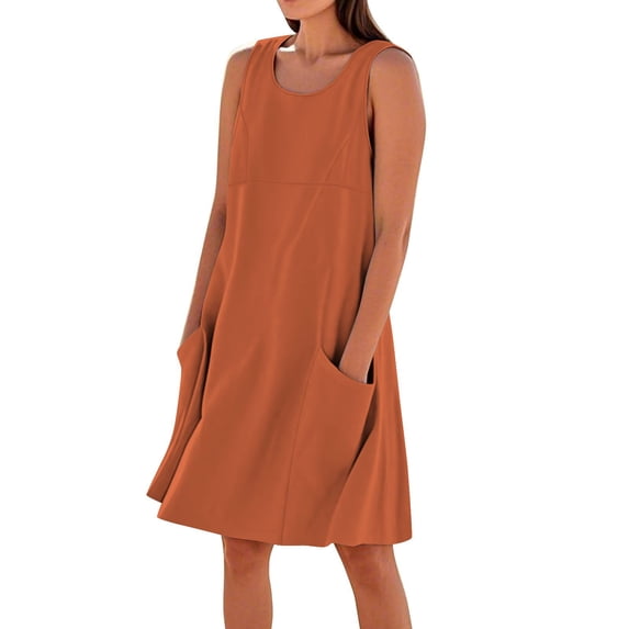 gakvbuo Summer Tank Dress For Women Mini Dress Crew Neck Sleeveless Sundress T-Shirt A-Line Dress Linen Dress With Pocket