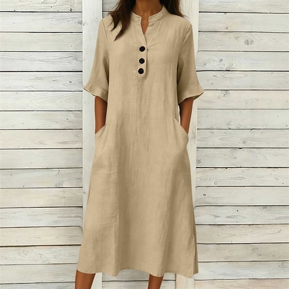 gakvbuo Summer Tank Dress for Women'S Half Sleeve Maxi Dress A-Line Dress Sleeveless Sundresses Button V-Neck Linen Dress with Pocket