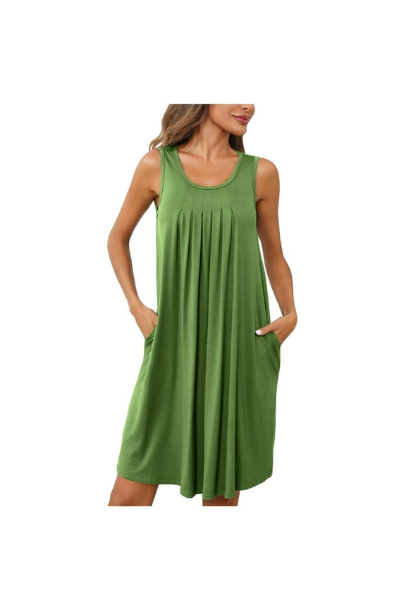 Summer Tank Dress for Women Women Nightgown With Pockets Sleep Shirts Sleeveless Sleepwear Pleated Front Nightshirt Round Neck Nightdress