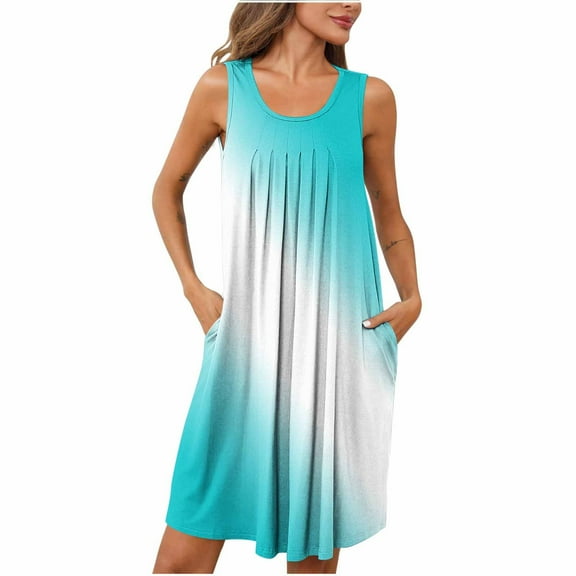 gakvbuo Summer Tank Dress for Women Women Print With Pockets Sleep Shirts Sleeveless Sleepwear Pleated Front Nightshirt Round Neck Nightdress
