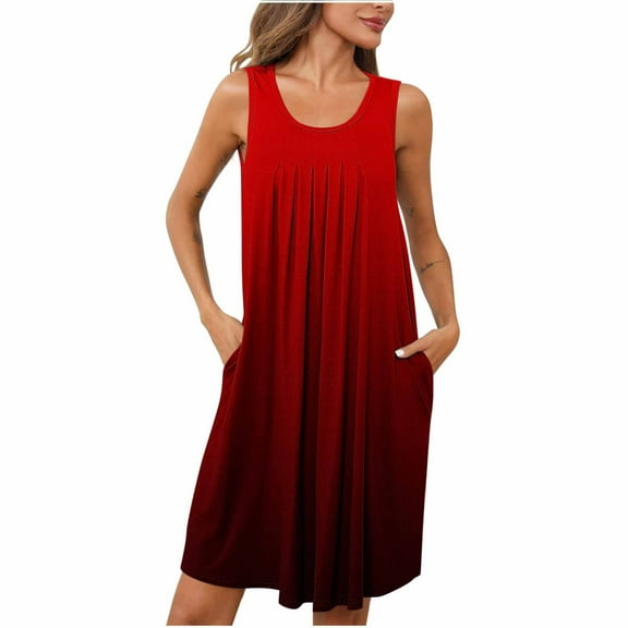 gakvbuo Summer Tank Dress for Women Women Print With Pockets Sleep Shirts Sleeveless Sleepwear Pleated Front Nightshirt Round Neck Nightdress