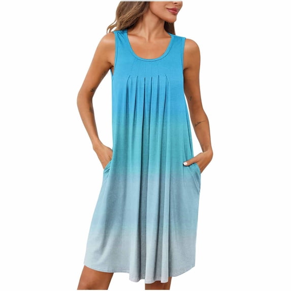 gakvbuo Summer Tank Dress for Women Women Print With Pockets Sleep Shirts Sleeveless Sleepwear Pleated Front Nightshirt Round Neck Nightdress