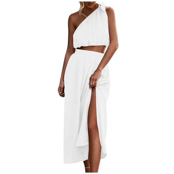 gakvbuo Summer Tank Dress for Women Women's 2 Piece Outfits Tie Knot One Shoulder Tank Top High Waist Side Split Maxi Skirt
