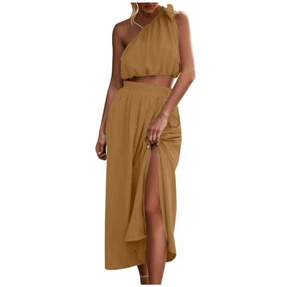 gakvbuo Summer Tank Dress for Women Women's 2 Piece Outfits Tie Knot One Shoulder Tank Top High Waist Side Split Maxi Skirt