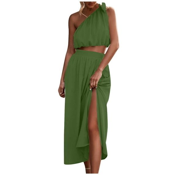 gakvbuo Summer Tank Dress for Women Women's 2 Piece Outfits Tie Knot One Shoulder Tank Top High Waist Side Split Maxi Skirt