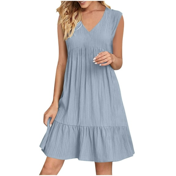 gakvbuo Summer Tank Dresses For Women 2025 Sleeveless V-Neck Mini Shirt Dress Casual High Waisted Pleated Boho Ruffle A Line Sundresses