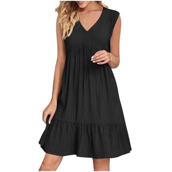gakvbuo Summer Tank Dresses For Women 2025 Sleeveless V-Neck Mini Shirt Dress Casual High Waisted Pleated Boho Ruffle A Line Sundresses