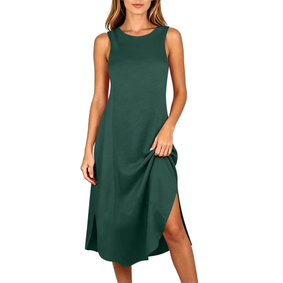gakvbuo Summer Tank Dresses Maxi Dresses A-Line Dressesfor Women Women’s Solid-Color Round Neck Sleeveless Sundress Pocket Long Sleepshirts