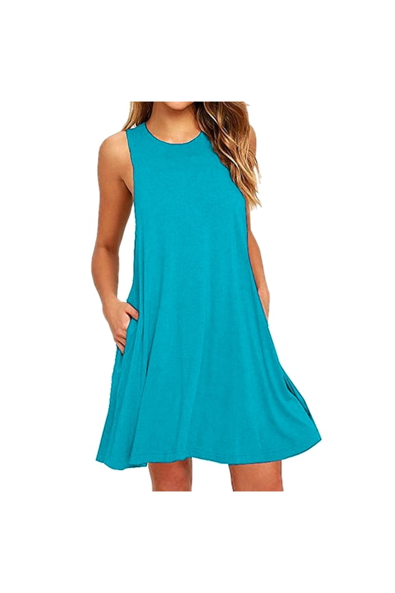 Summer Tank Sundress For Woman Crew Neck Sleeveless Midi Dress Swing Pleated Tshirt Dresses Above Knee Dress Party Dress Vacation Beach Coverup With Pocket Plus Size Sun Dresse For Woman S-2Xl