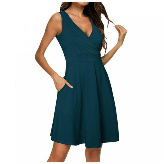 gakvbuo Summer Tank Dresses For Women Knee Length Wrap V Neck Sleeveless Sundress With Pockets Vacation Dresses Wedding Guest Dresses Cocktail Dresses For Women