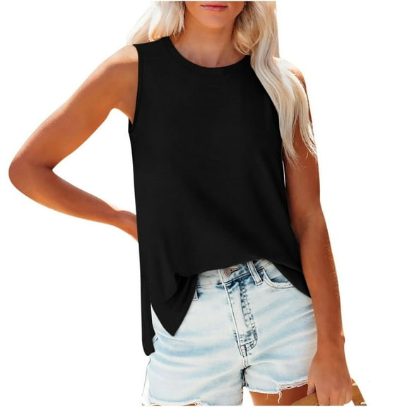 gakvbuo Summer Tank Top for Womens Summer Fashion Women'S Solid Color Casual Side Slit Round Neck Tank Top