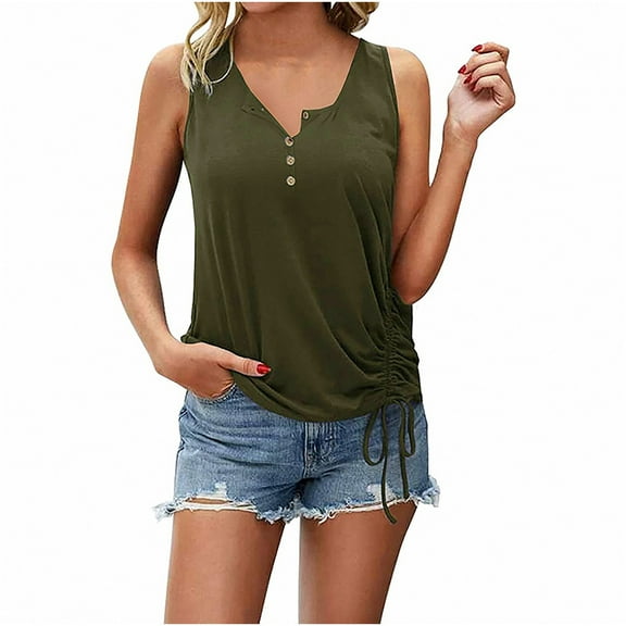 gakvbuo Summer Tank Top for Womens 2025 Summer Women'S Solid Color-Breasted Half Cardigan Drawstring Vest T-Shirt