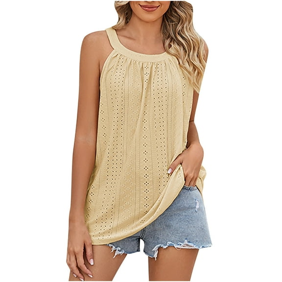 gakvbuo Summer Tank Tops For Women 2024 Eyelet Embroidery Loose Fit High Neck Sleeveless Tops Casual Pleated Flowy Cami Shirts Blouse