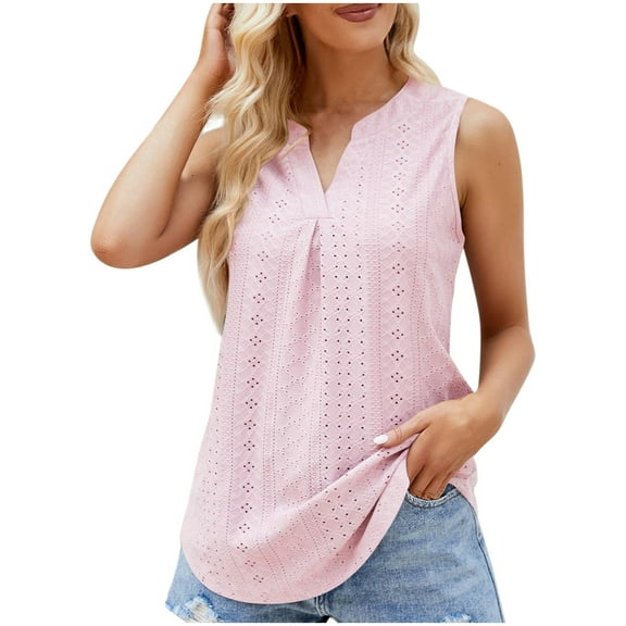 gakvbuo Summer Tank Tops For Women 2024 Eyelet Sleeveless V-Neck Hollow Out Tunic Tops Casual Pleated Tank Vests Blouses Shirts