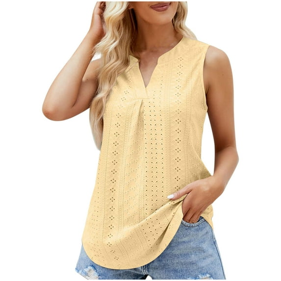 gakvbuo Summer Tank Tops For Women 2024 Eyelet Sleeveless V-Neck Hollow Out Tunic Tops Casual Pleated Tank Vests Blouses Shirts