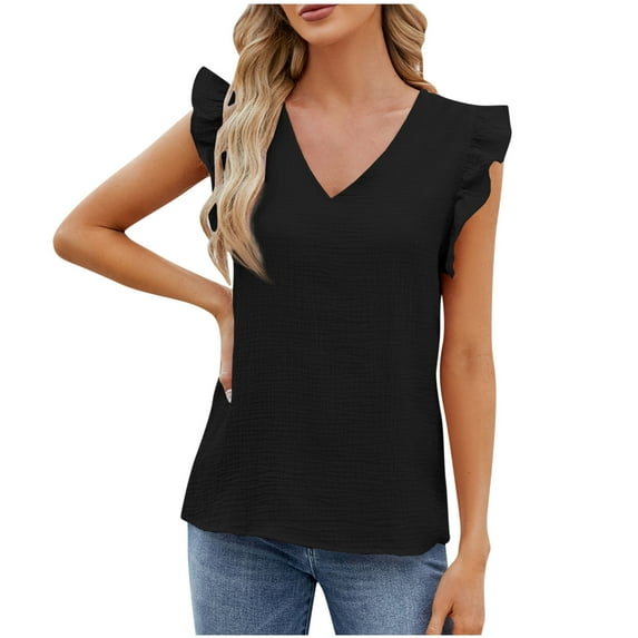 gakvbuo Summer Tank Tops For Women 2024 Shirred Sleeve Fashion Casual Women's Solid Short Sleeve V-neck Fold T-shrit Top Blouse
