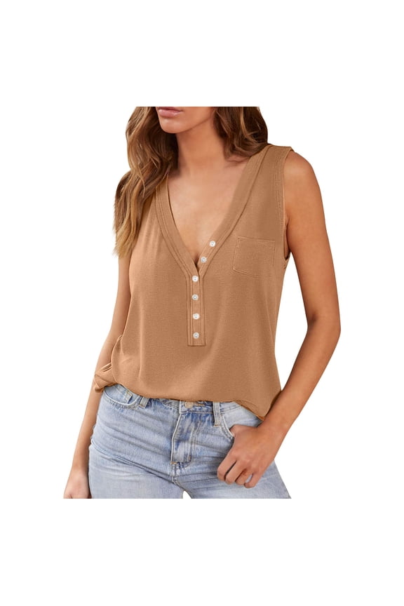 Summer Tank Tops For Women 2024 Sleeveless Henley T-Shirts V Neck Loose Fit Button Up Cami Ribbed Knit Slim Fit Basic Tops