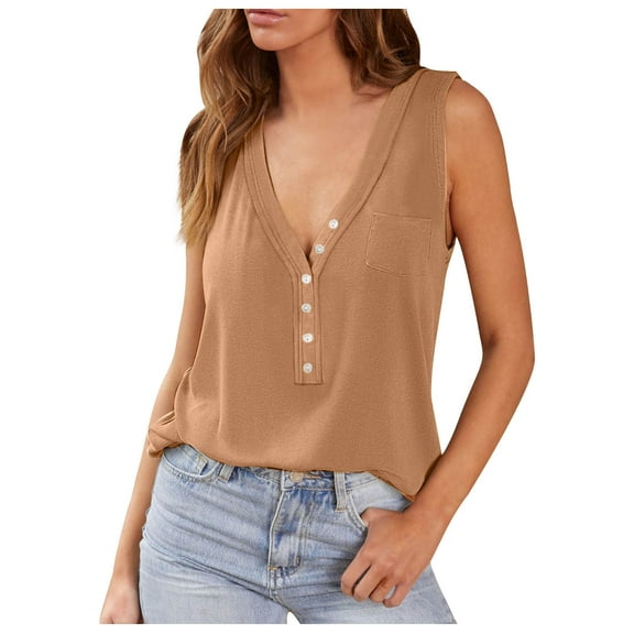 gakvbuo Summer Tank Tops For Women 2024 Sleeveless Henley T-Shirts V Neck Loose Fit Button Up Cami Ribbed Knit Slim Fit Basic Tops