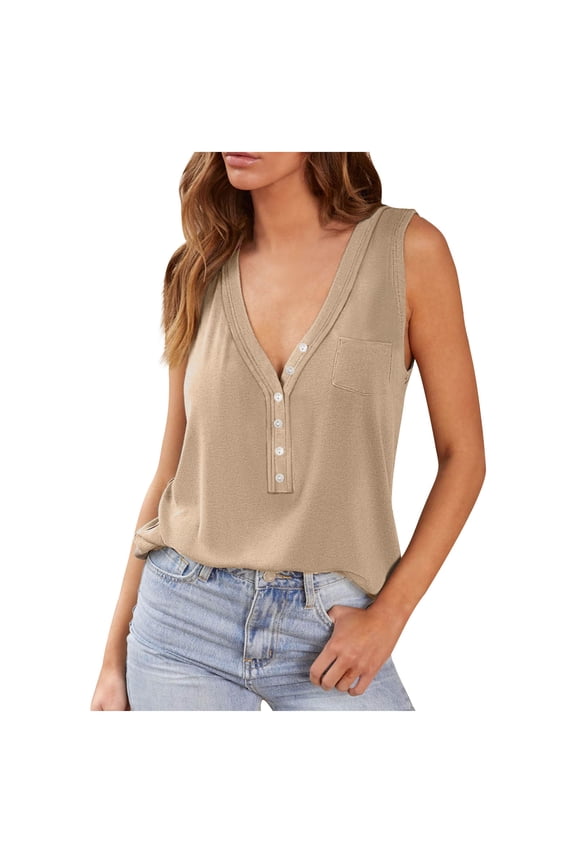 Summer Tank Tops For Women 2024 Sleeveless Henley T-Shirts V Neck Loose Fit Button Up Cami Ribbed Knit Slim Fit Basic Tops