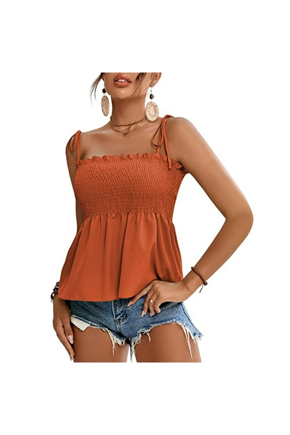 Summer Tank Tops For Women'S Tie Shoulder Frill Shirred Ruffle Hem Sleeveless Strappy Cami Blouse Peplum Top