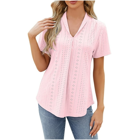 gakvbuo Summer Tops For Women 2024 Eyelet Embroidery Short Sleeve Shirts Womens Fashion Print Tops Short Sleeve Out Blouse Funny Round Neck T-Shirt Tops Tank Top
