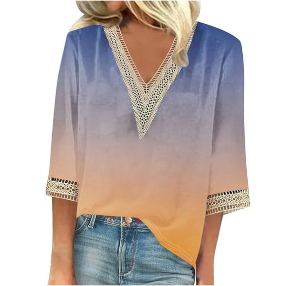 gakvbuo Summer Tops For Women 2025 Trendy Short Sleeve Sexy Lace Trim V Neck Blouses For Women Tops Dressy Casual Spring Pullover Shirts