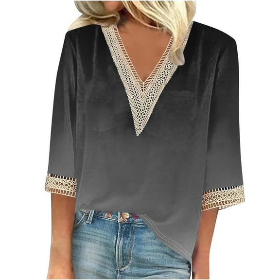 gakvbuo Summer Tops For Women 2025 Trendy Short Sleeve Sexy Lace Trim V Neck Blouses For Women Tops Dressy Casual Spring Pullover Shirts